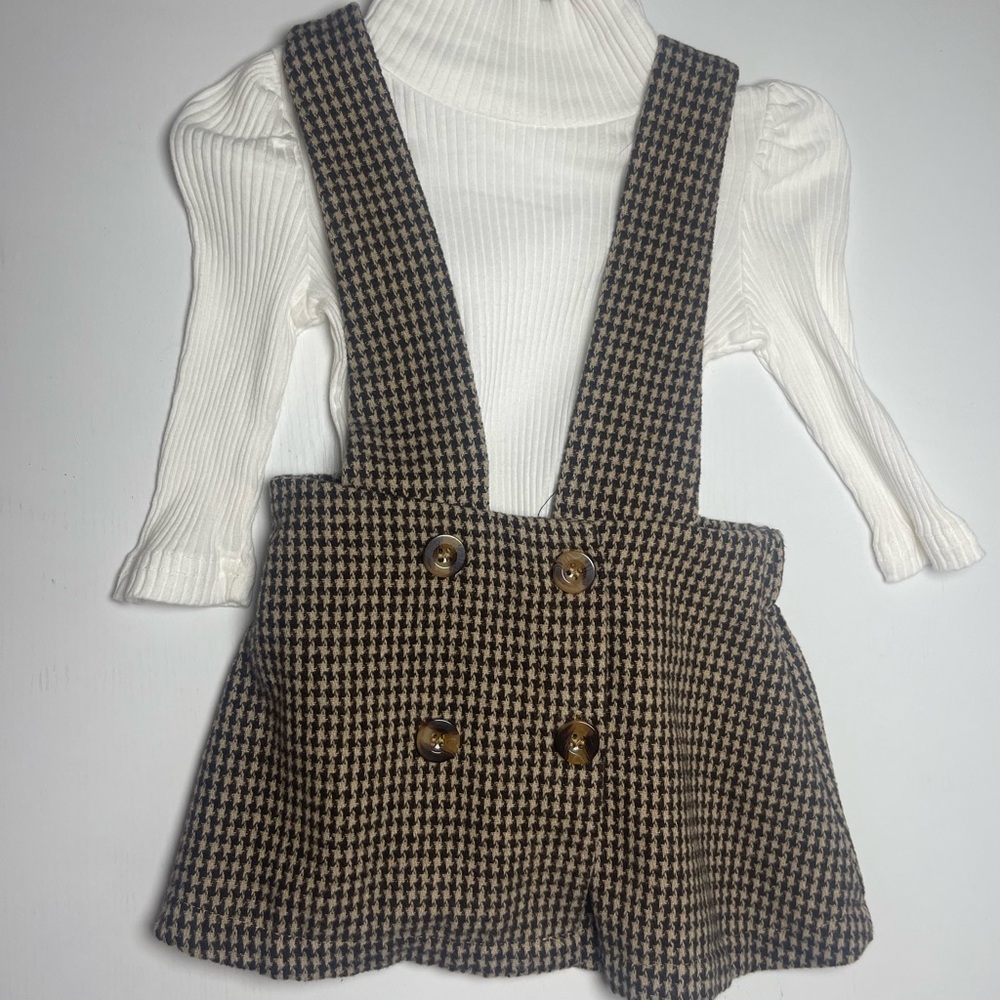 SHEIN Brown Houndstooth Suspender Skirt with White Top